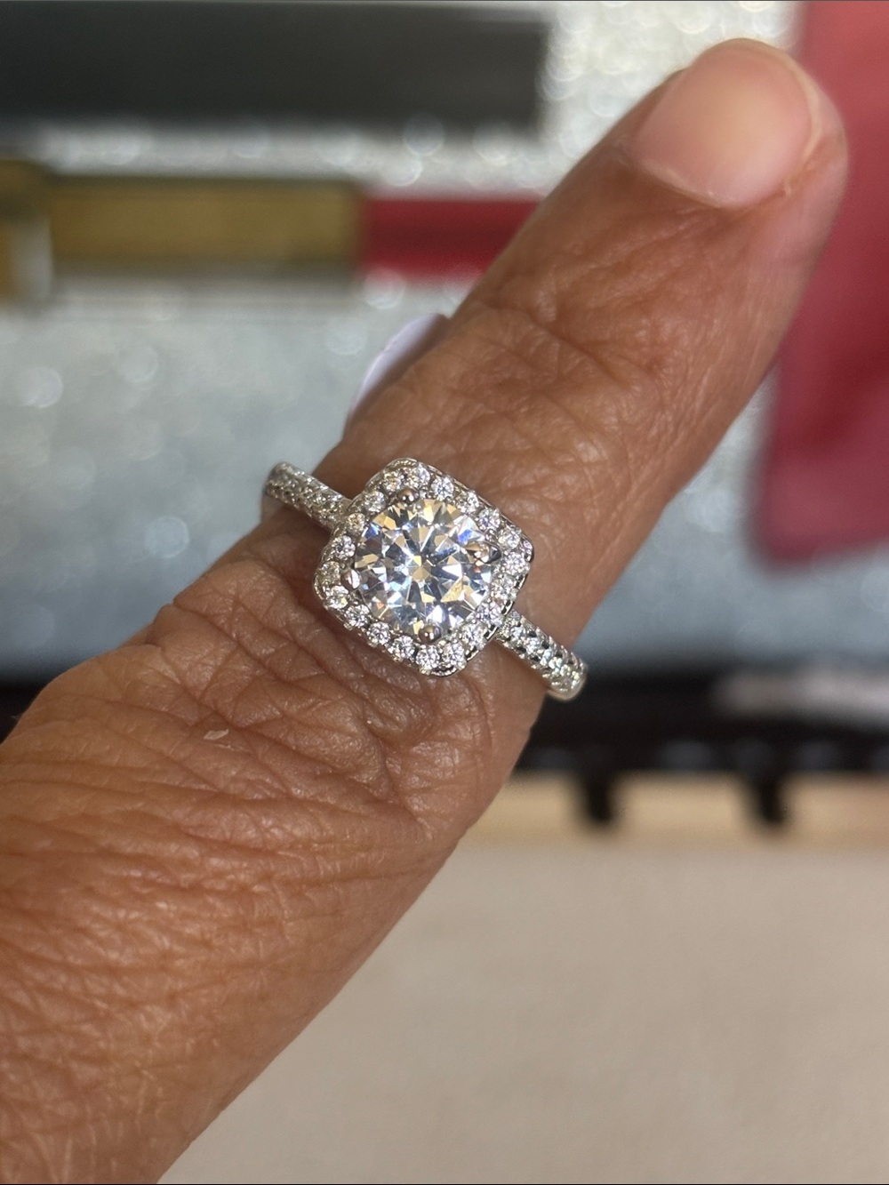 Silver Halo Cushion-Cut Cubic Zirconia Ring - White Size 7 Adj.